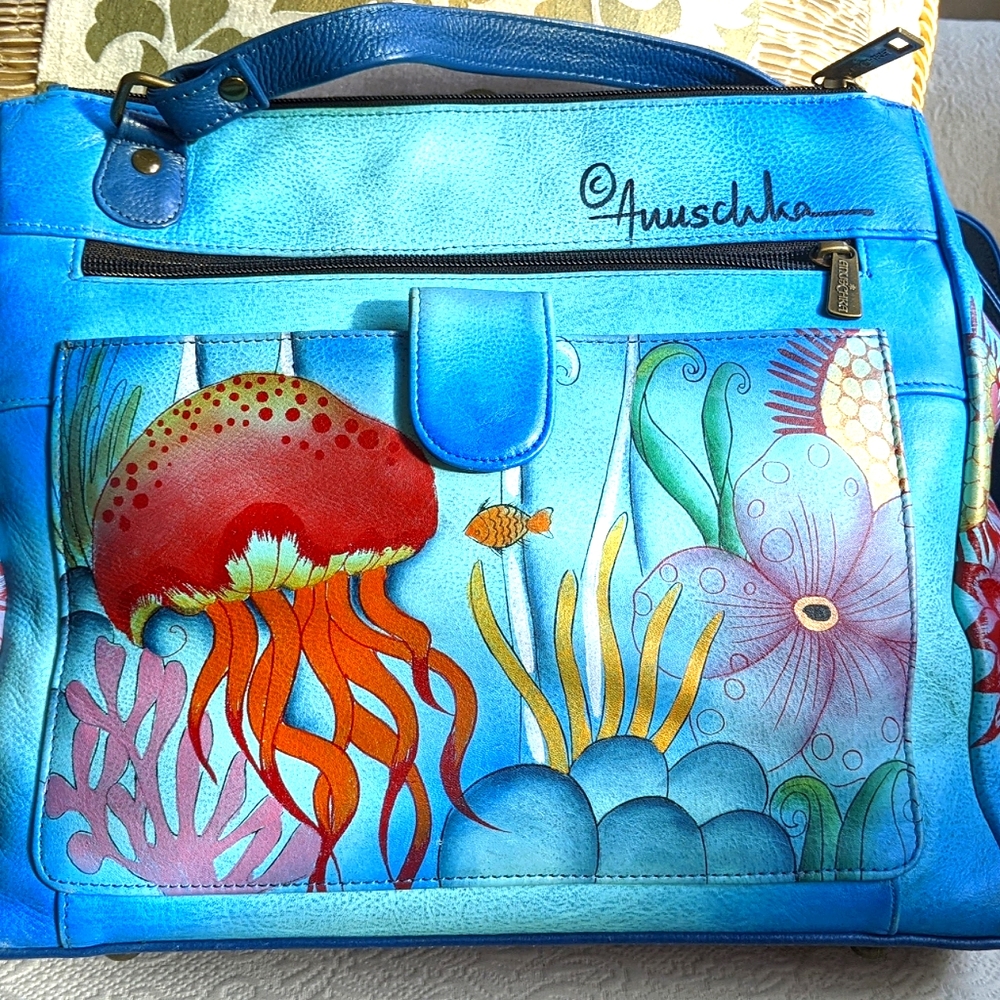 Anuschka Hand Painted Sealife Pattern Blue Leather Expandable Crossbody Purse